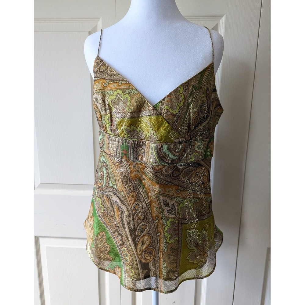 Vtg J Crew Tank Top Women Sz 12 Y2K Gold Babydoll Silk Metallic V-Neck Side Zip
